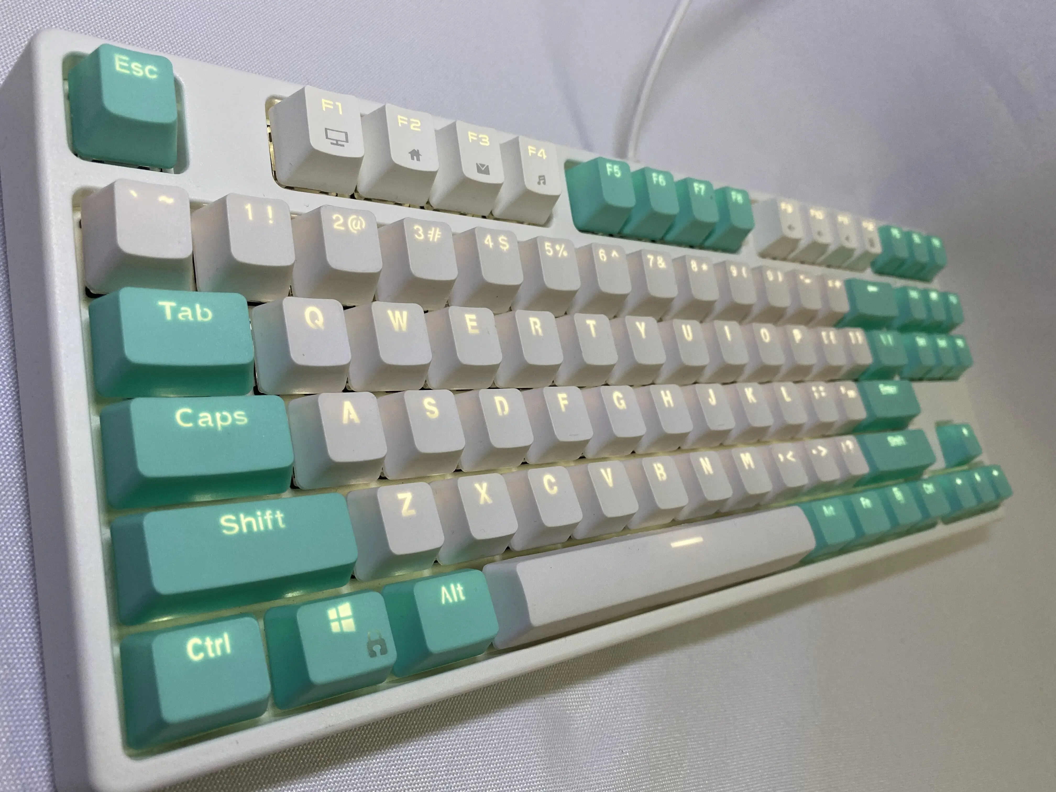 Teclas de Teclado mecánico de altura OEM, 87 teclas blancas Cian, Material PBT, caracteres retroiluminados dobles, teclas de juego transparentes