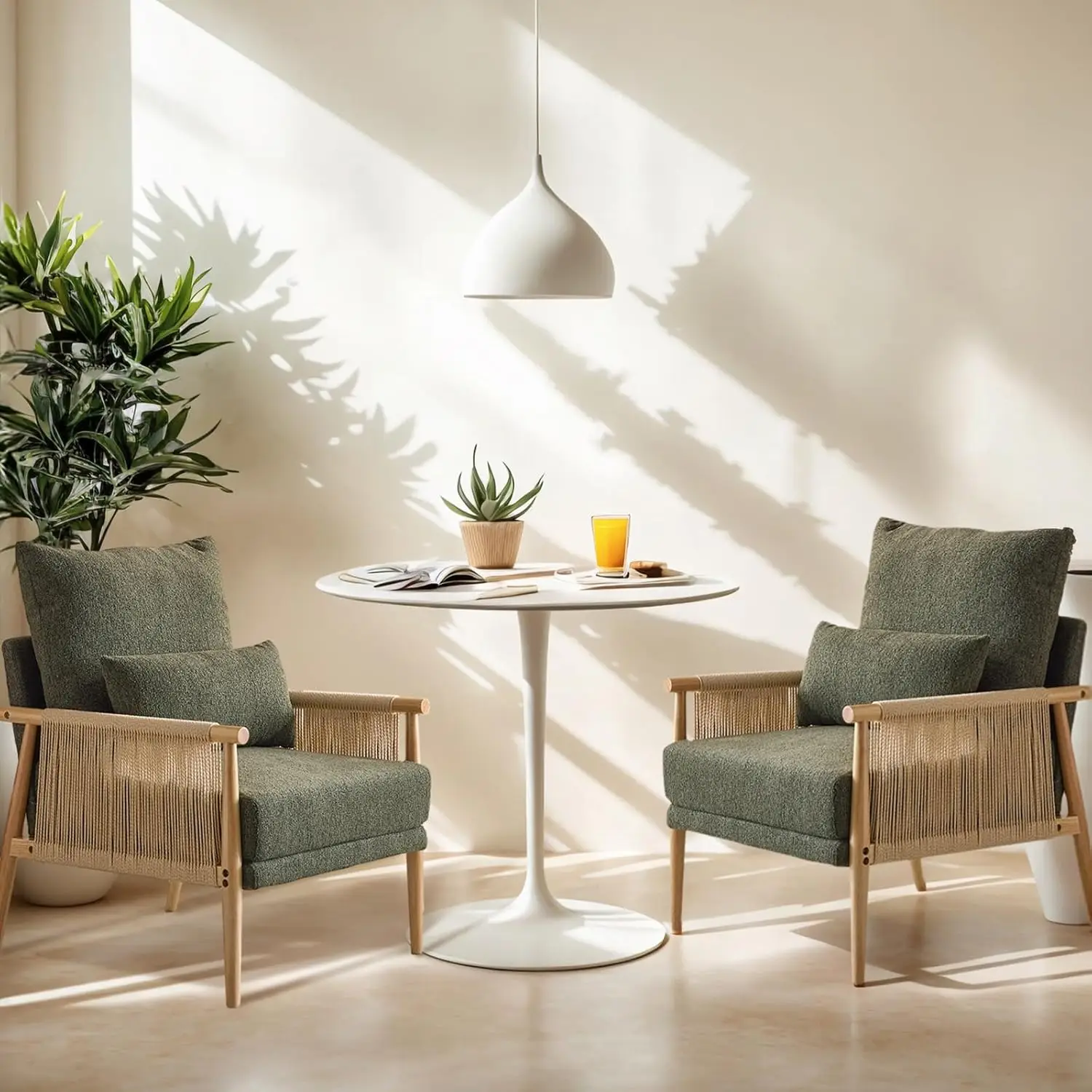 

Boho Braid Accent Armchairs Set of 2,Mid-Century Modern Chiars with Solid Wooden Armrest,Comfy Louge Cushion Chairs