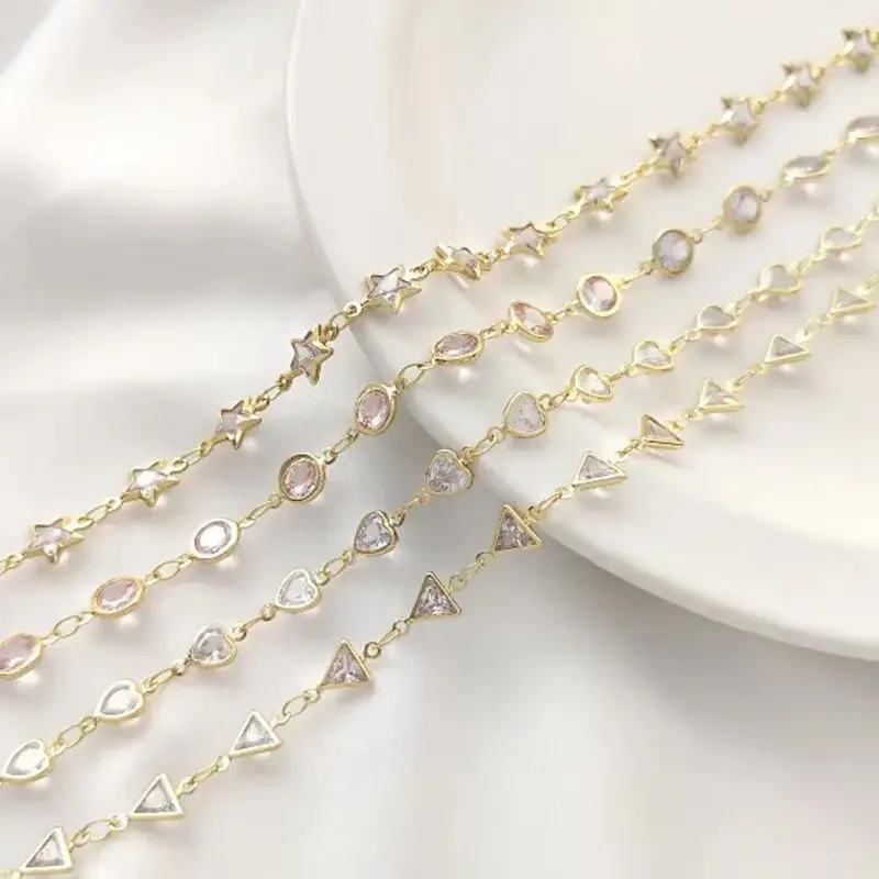14K gold wrapped geometric round oval heart shaped pentagram zircon chain hand diy jewelry loose chain