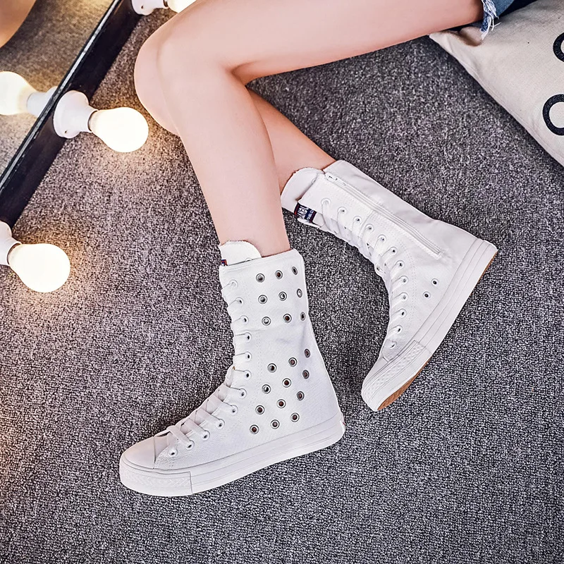 New high-top casual shoes women\'s breathable perforated canvas shoes women\'s flat casual shoes women\'s all-match shoes women