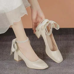 Designer Ladies High Heels Elegant Bow Square Toe Black High Heels Fashion Thick Heel Wedding Party Pearl Lace Wedding Shoes