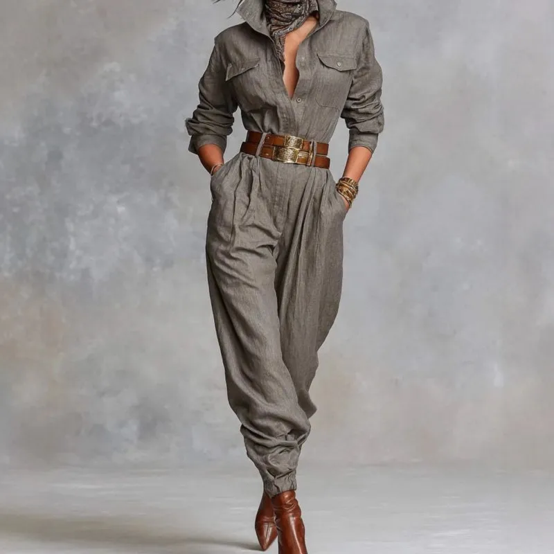 Spring Autumn Casual Commuting Women's Jumpsuit Fashionable Solid Color Half-cardecked Long Sleeve High Waist Jumpsuit (No Belt)