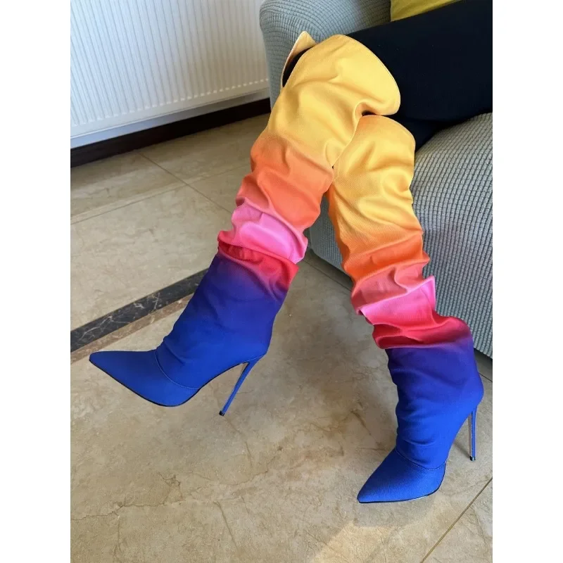 2024 European American New Autumn Winter Rainbow Gradient Color Pointed Thin Heel Women's Boots Stacked Boots High Heel Boots