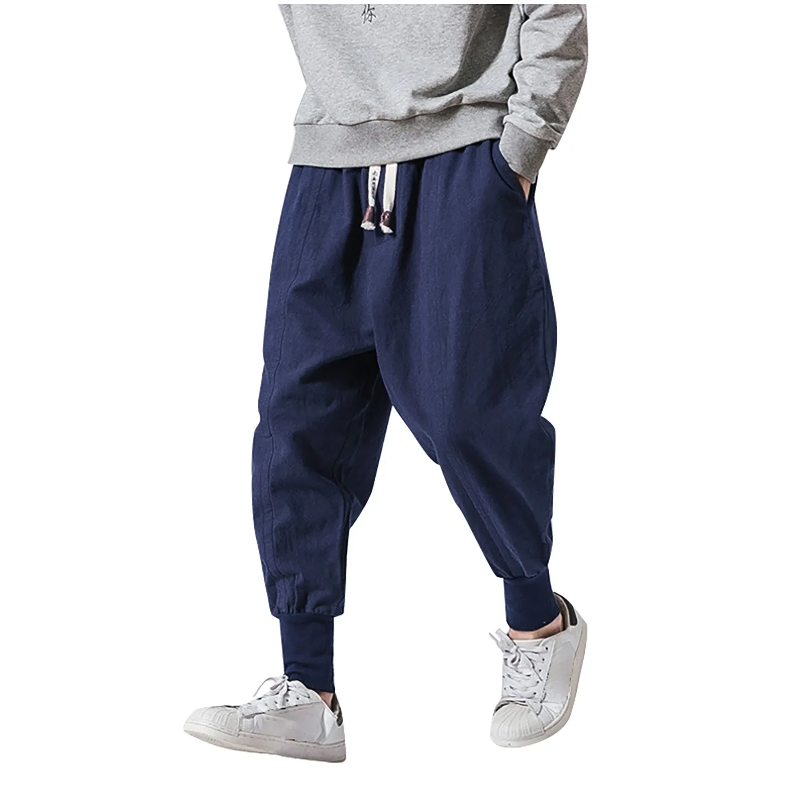 Cotton Linen Harem Pants Men Solid Elastic Waist Streetwear Joggers New Baggy Drop-crotch Pants Casual Trousers Men Harajuku