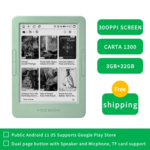 New arrival Meebok E6 Ereader электронная книга 6" 300 PPI Carta 1300 with dual page buttons  and goolge play built in