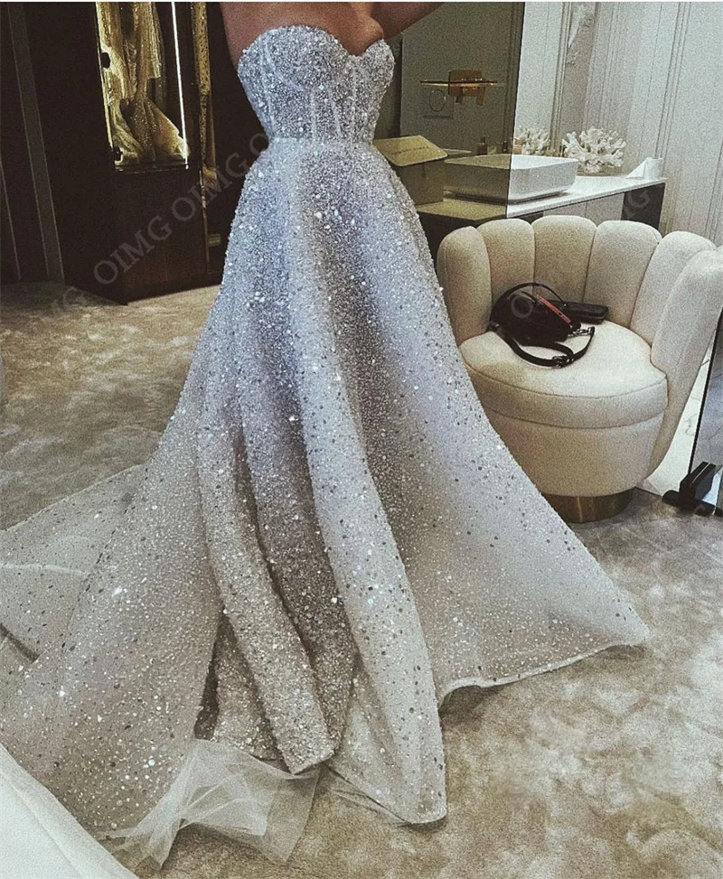 OIMG Elegant Sequins A Line Wedding Dresses Sleeveles Long Sweetheart Bride Bridal Gowns Sweep Train Beads Vestidos De Novia