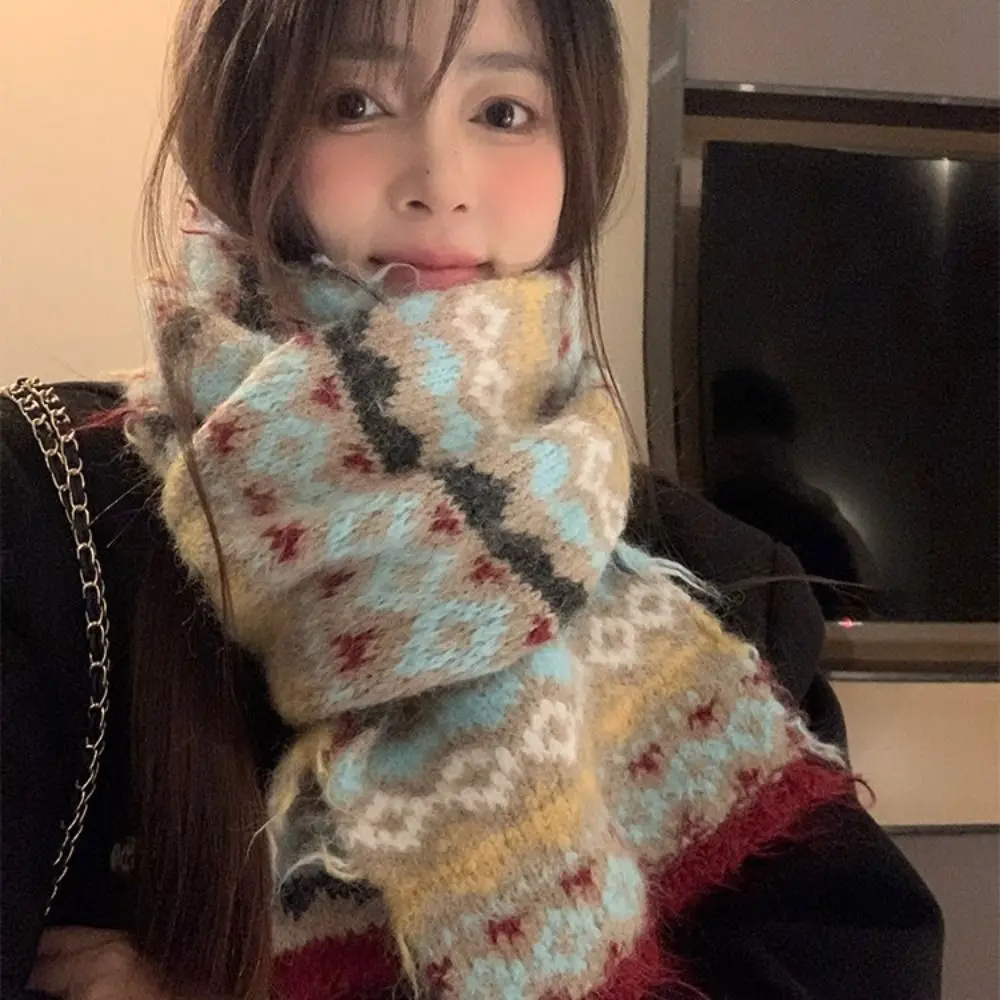 

Теплый жаккардовый вязаный шарф, шерстяной шарф с принтом Fair Isle Style, защита от холода, винтажный зимний шерстяной шейный платок