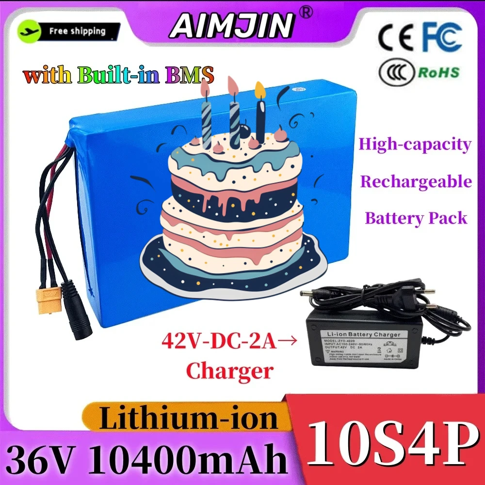 36V 10400mAh Battery Pack for Scooter 10.4Ah Long-Run Time with BMS Protection Rechargeable E-Scooter Power Cell 18650 10S4P