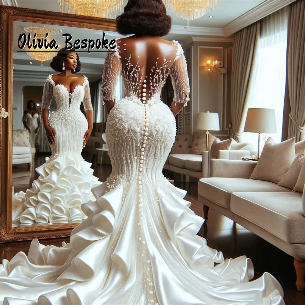 

Half Sleeve Aso Ebi Mermaid Wedding Dresses Beaded Backless African Bridal Dress 2025 Ruffles vestidos novias boda Customized