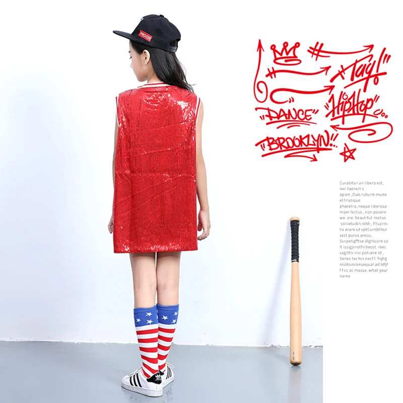 Sequin Jazz Dance Costume Child Summer Girls Hiphop Tshirt Tee Shirt Korean Style Dress Girls Kids Long Modern Hip Hop Costume