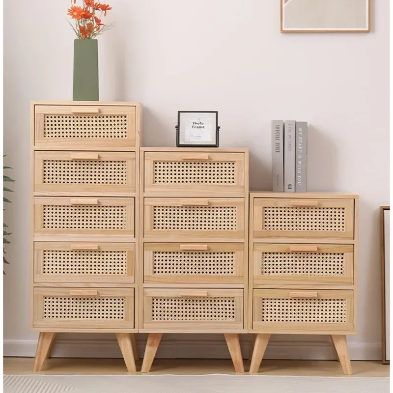 Nordic Rattan Bedside Tables Solid Wood Storage Drawer Modern Bedroom & Living Room Cabinets Against The Wall Chest of Drawers