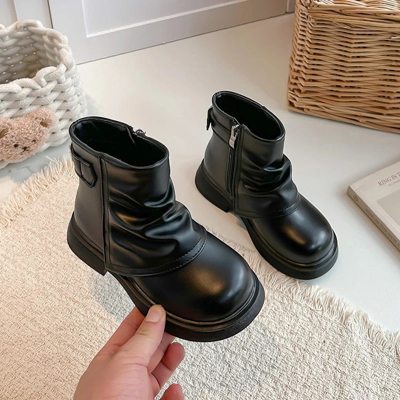 Little Girls Ruffle Leather Boots 2026 New Winter Kid Chunky Ankle Boots Non-slip Classic Retro Style School Riding Boots Age5-8