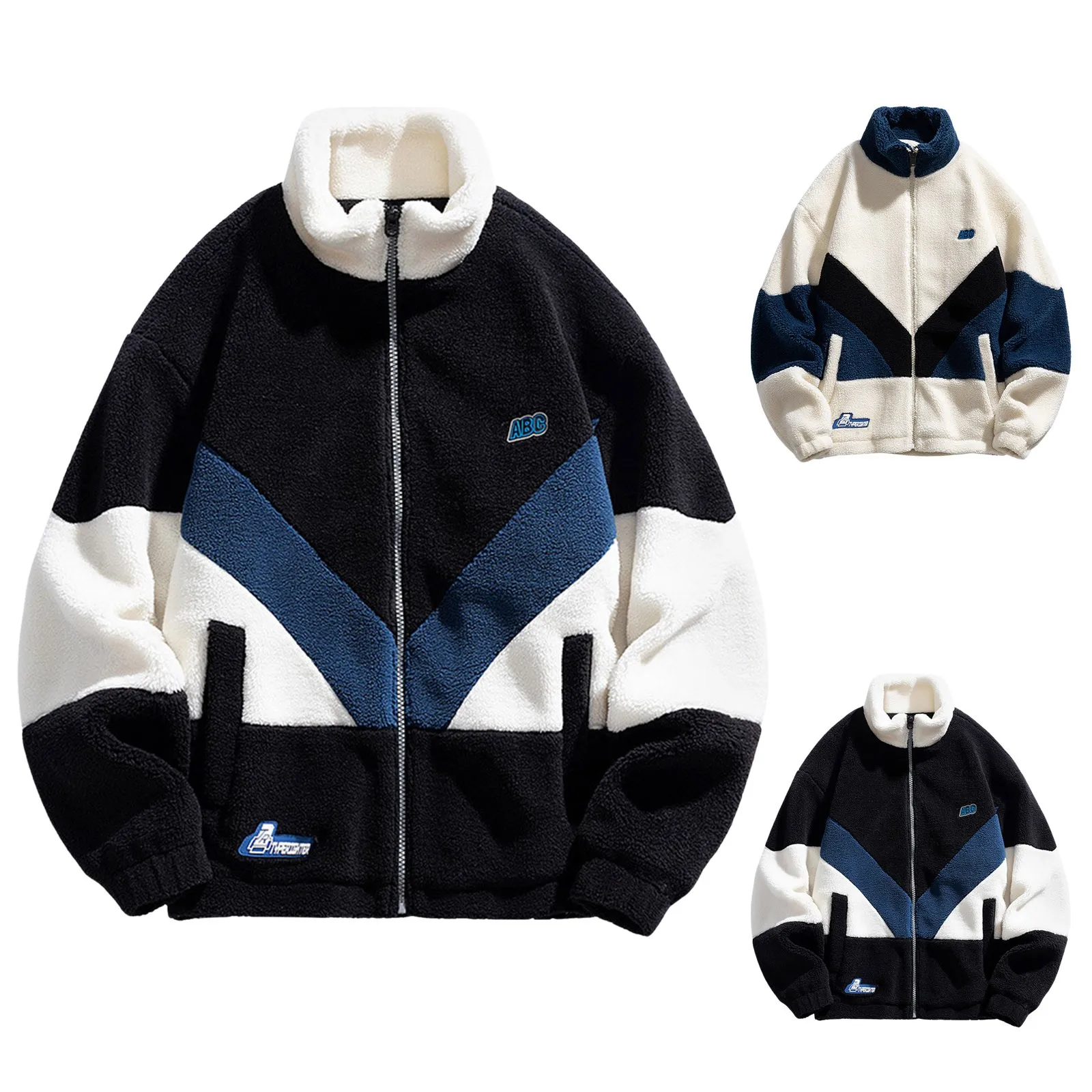 

Male Patchwork Jacket Outerwear Teddy Fleece With Stand Up Collar Winter Jacket Sweat Jacket With Zip Men's Ski Jacket