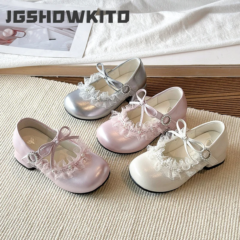 JGSHOWKITO Kids Lolita Mary Jane Shoes Lace Ruffled Edge Children Princess Leather Shoes Wedding Party Girl Dress Low Heel Shoes