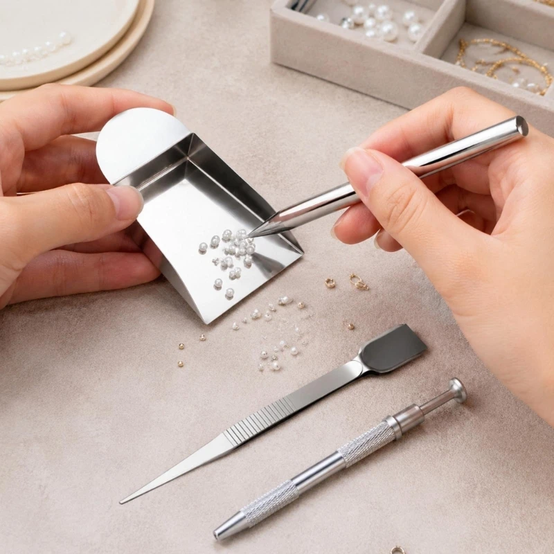 Small Component Handling Set with Pointed Gripping Ends, Spatula-Shaped Forms and Smooth Steel Exteriors for Jewelry Making Y5GB