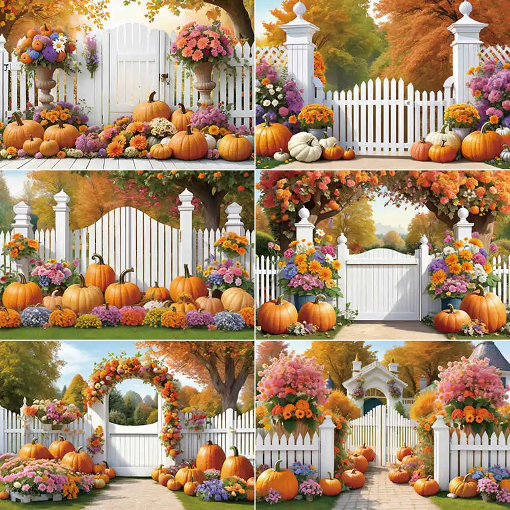 

MOON.QG Autumn Photo Studio Background Thanksgiving Garden Fence Flower Backdrop Home Party Decoration Back Drop for Photography