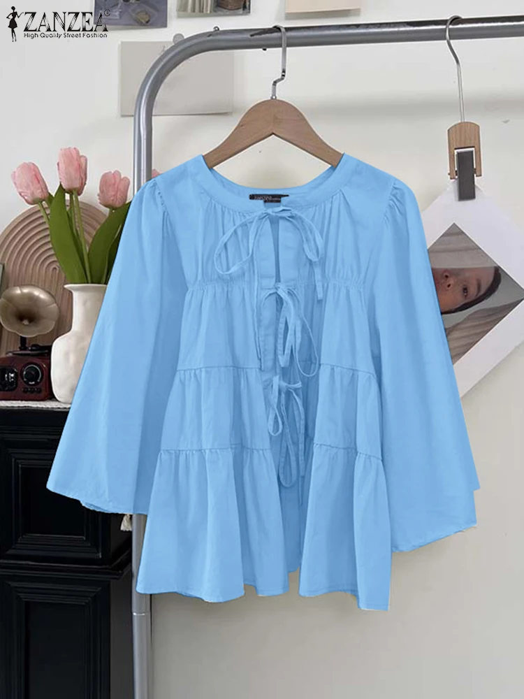 

Lace-Up Shirts Women Blouse Casual Flare Sleeve Tops O Neck Tunic 2025 ZANZEA Solid Color Fashion Summer Pullover Oversized
