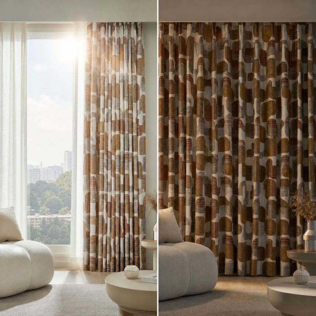 Retro Mid‑Century Geometric Jacquard Curtain, Coffee Brown Abstract Print Window Curtain for Living Room Bedroom Decoration