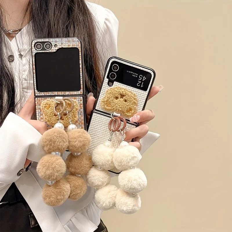 Personality Bear Women's Veneer Folding Phone Case with Plush Bracelet for Samsung Galaxy Z Flip 6 5 4 3