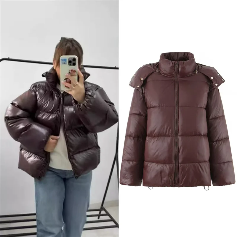 

Women's Cotton Jacket New Chocolate Color Loose Stand Collar Puffer Coat Winter Outdoor Casual Windproof and Warm