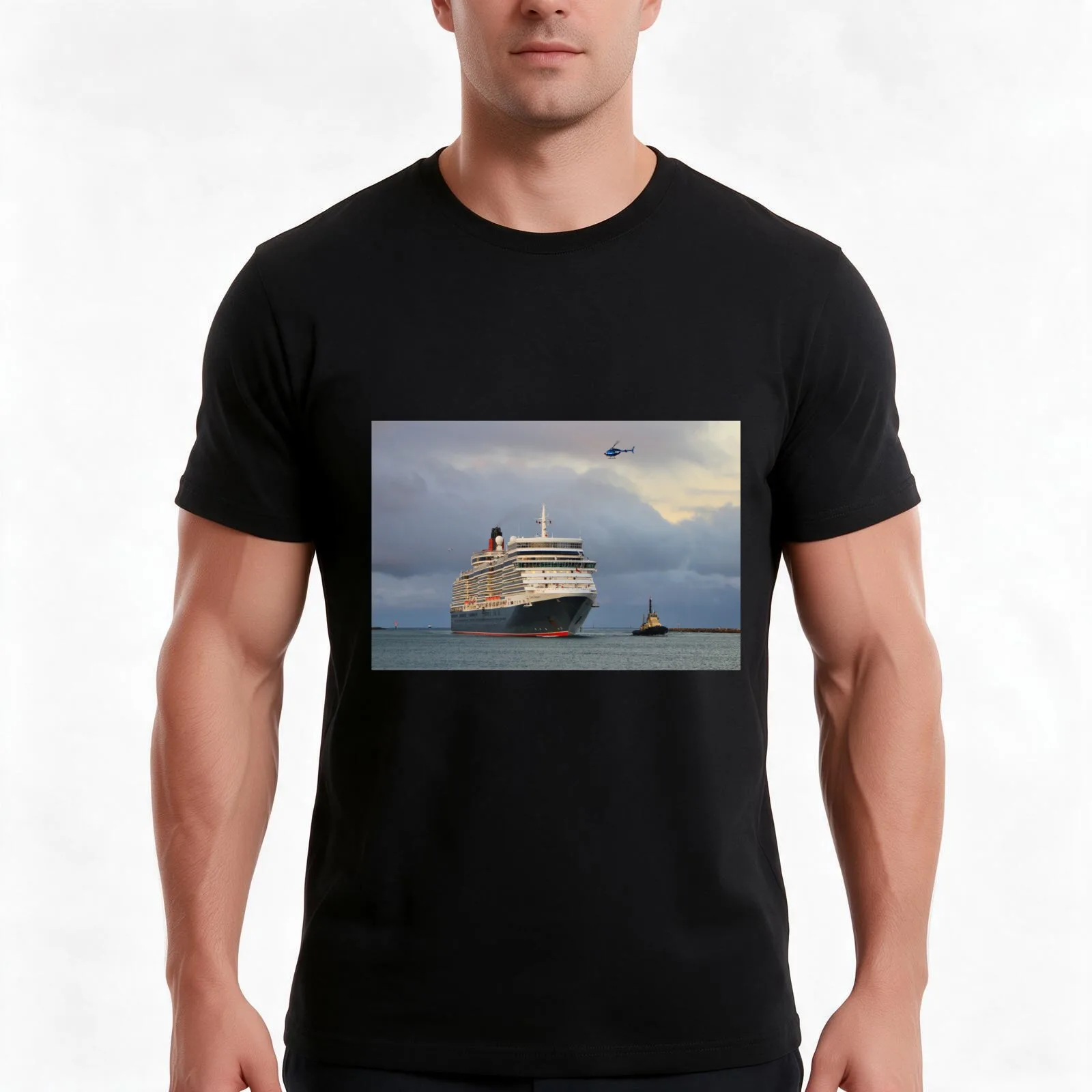 Cruise ship, tug boat and helicopter T-Shirt, Summer Casual Cotton Tee, Oversized Streetwear Tops, Vintage Graphic Print