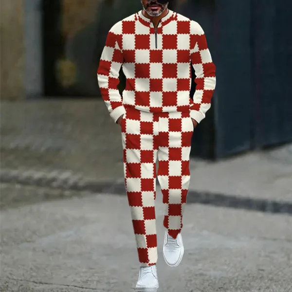 

Autumn Winter New Arrival Mens Casual Tracksuit Set Half Open Placket with Zipper Grid Pattern Bestseller for Independent Site