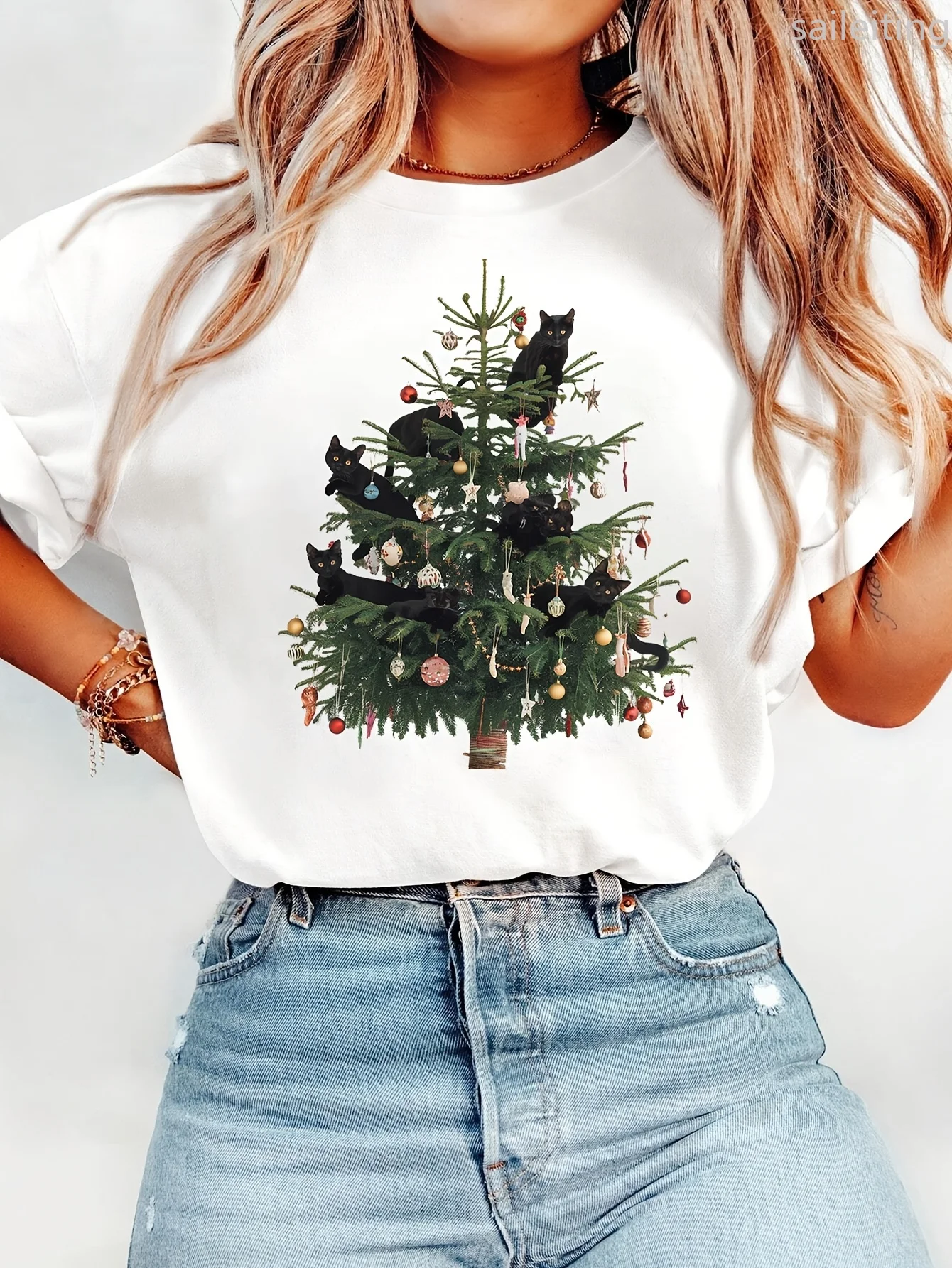 Frauen Weihnachten Cartoon Katze Baum Print T-Shirt Harajuku Ärmel Casual Kleidung Straße Tops Ästhetische Kleidung