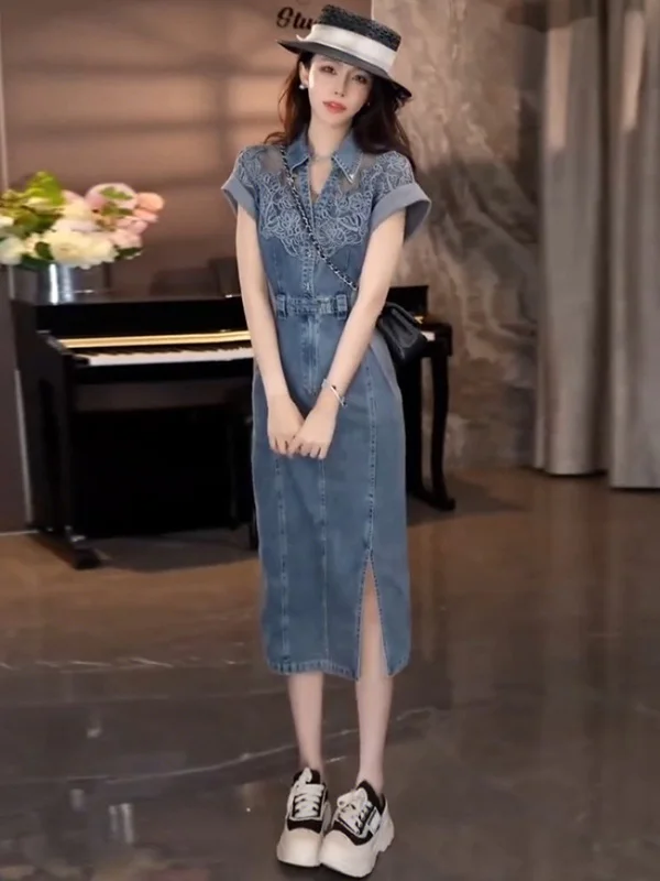 High-End Retro Hong Kong Sle Denim Dr Women's Summer Slimming Bodycon Skirt ort Sve Mid-Length Zipper Closure