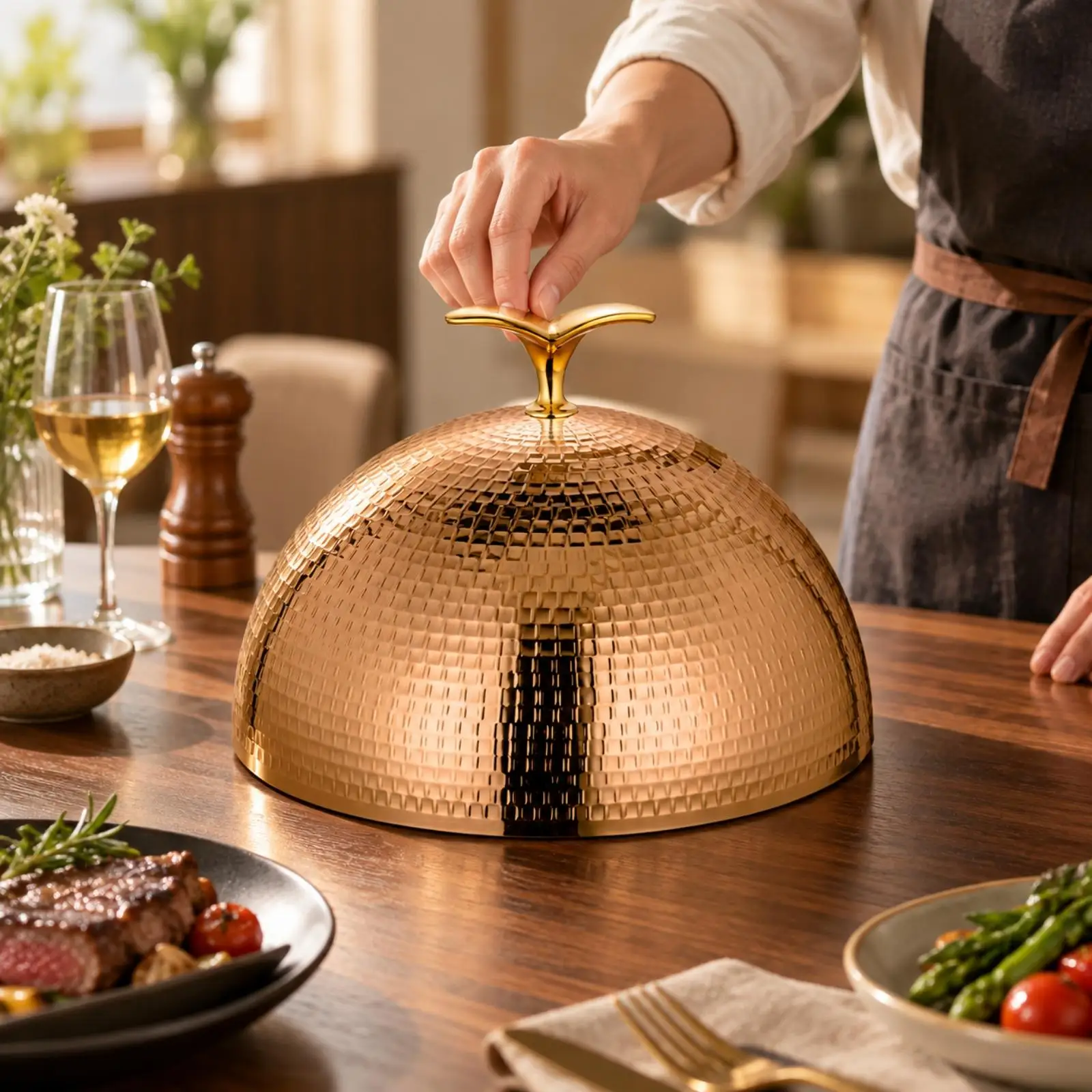 Hammered Texture Round Food Cover for Restaurant Plating with Stainless Steel Durable Build