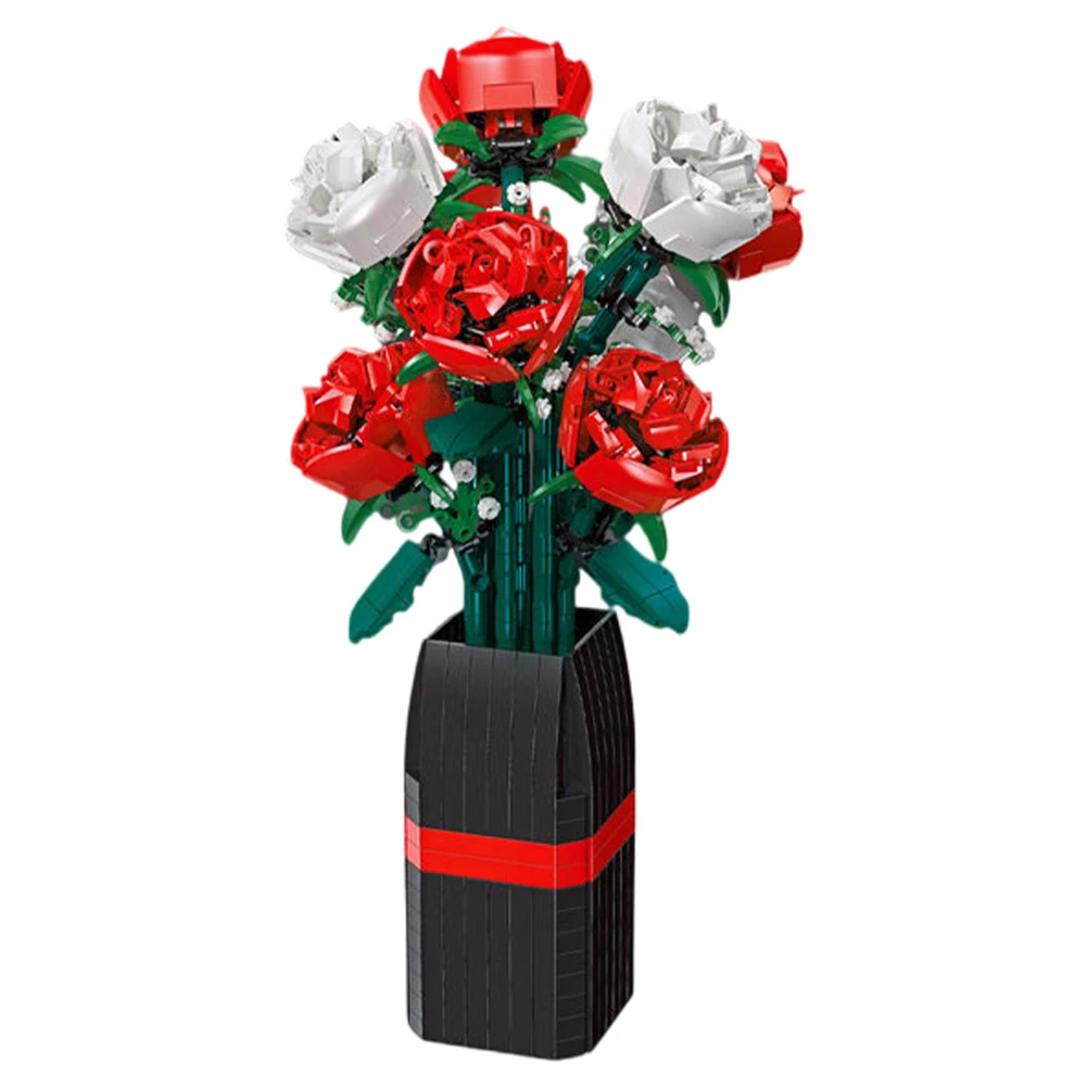 Creative Artificial Roses Toy Building Set with Vase Roses Flower Bouquet Building Kit Roses Building Set Valentines Day Gift