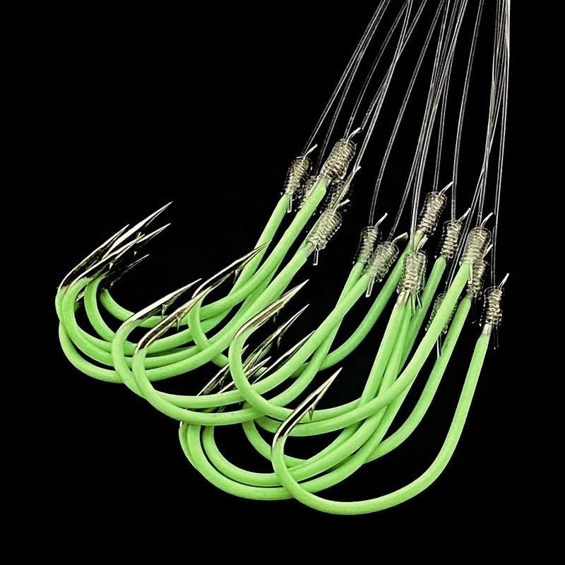 100PCSSaltwater Fishing Hooks Luminous Head Fishhook With Nylon Fishing Line