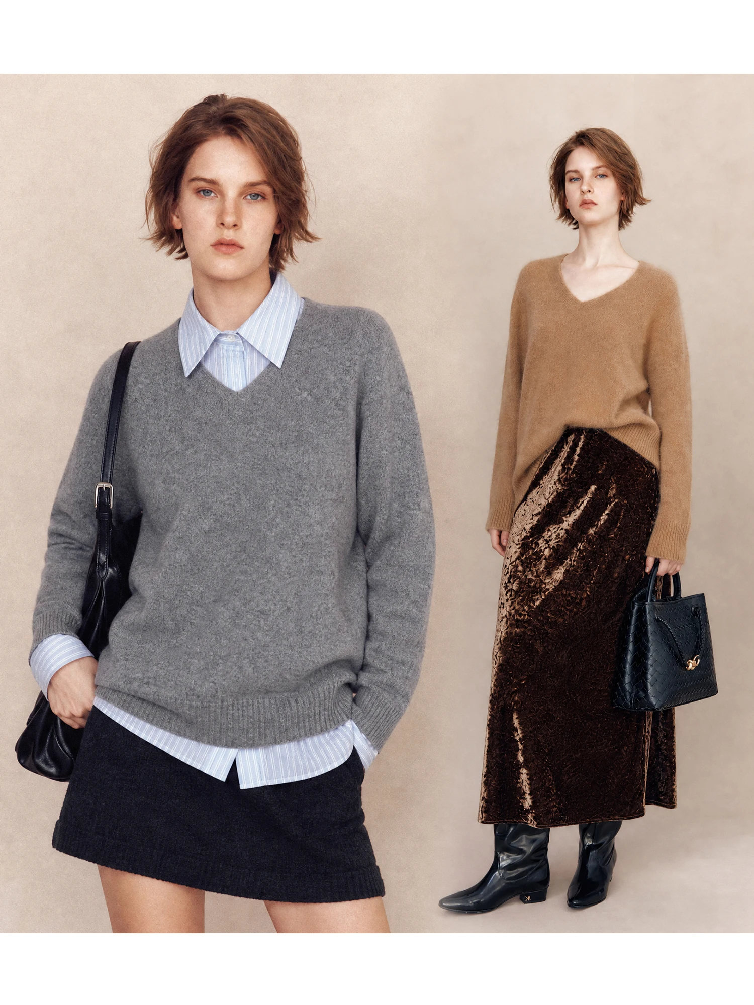 Women's Seamless One-Piece Wool Cashmere Fleece Pull-Over Knitwear V-Neck Round-Neck Soft Warm Long Sleeve Casual Top