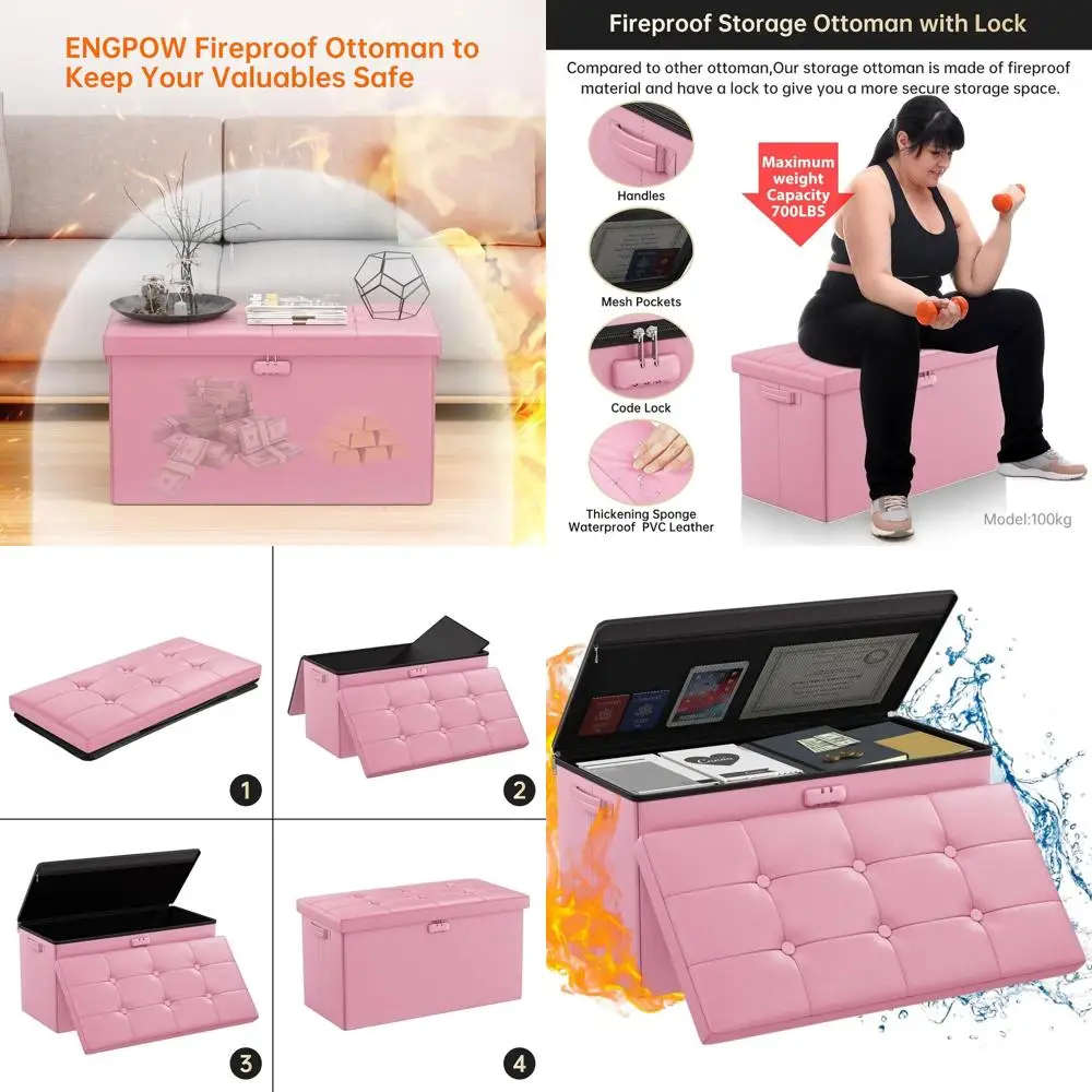 

30-летняя розовая огнестойкая складная османская скамейка с запираемым ящиком для хранения документов и ценностей