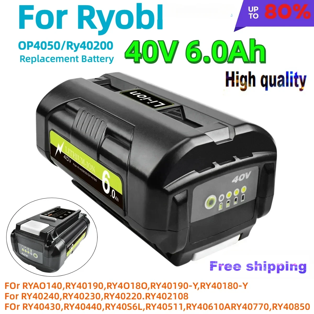 For Ryobl 40V 6Ah wireless power tool High quality rechargeable lithium-ion battery, RY40502 RY40200  OP4050 OP4026 OP40401