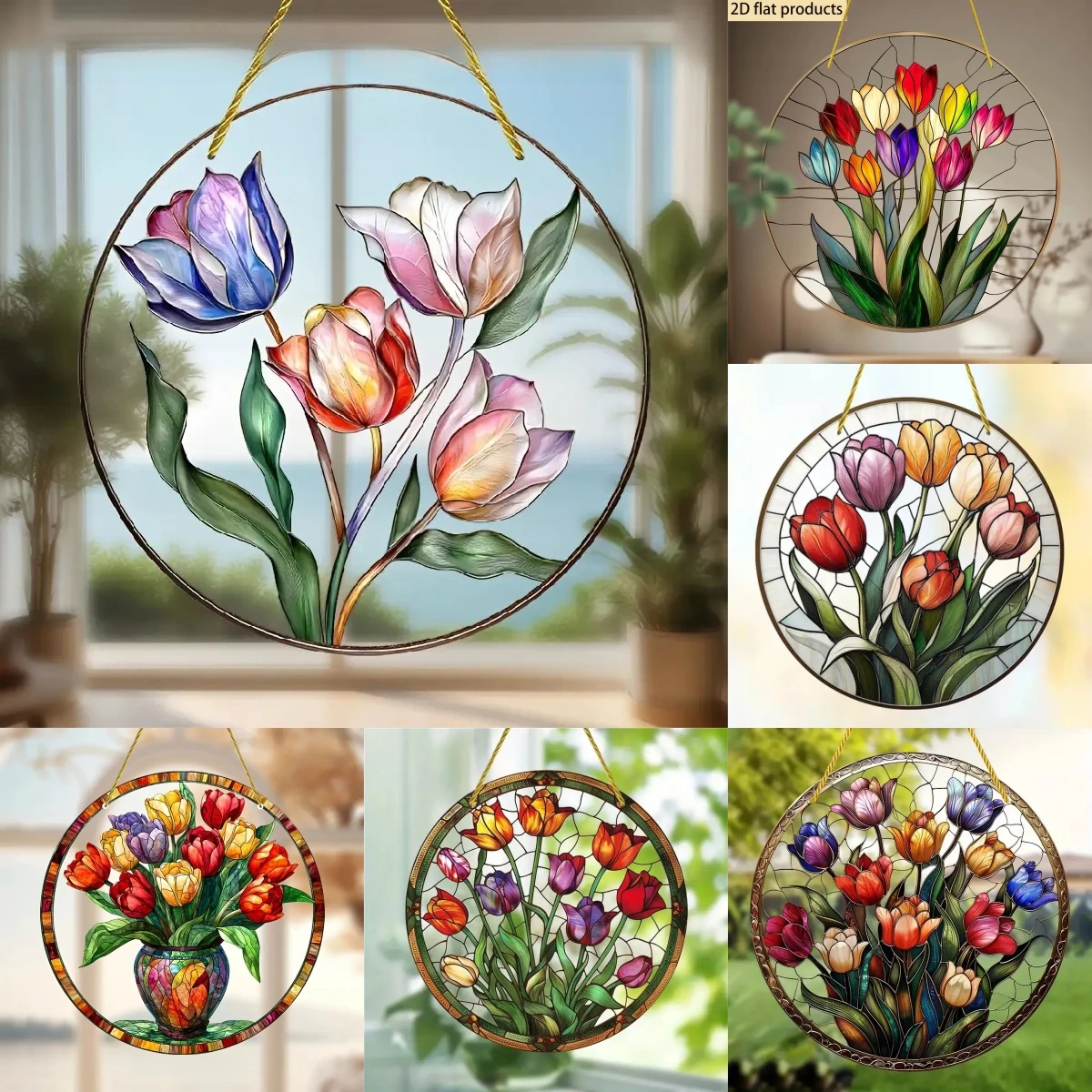 Enchanting Tulips Sun Catcher-Flowers Round Acrylic Stained Art Translucent Window Hanging,Home,Porch,room,bedroom,Garden Decor