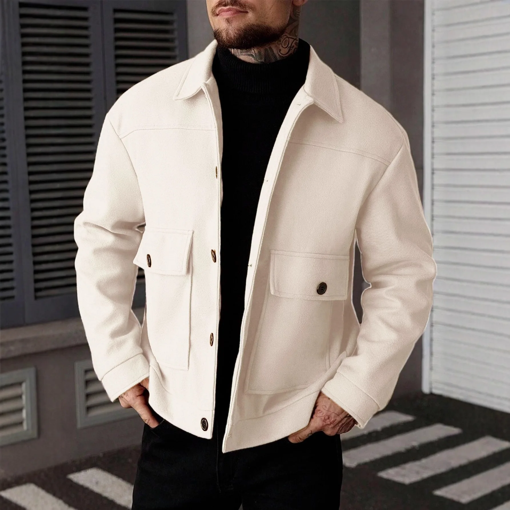 2026 New Fashion Autumn Winter Men Solid Color Turn-down Collar Single Breasted Simple Daily Casual Trendy Loose Cargo Jackets