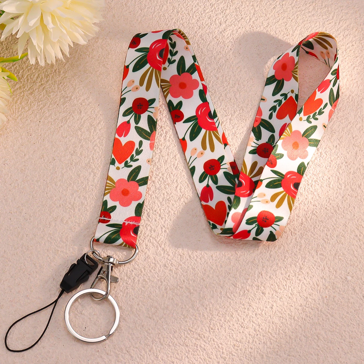 1pc Floral Print Teacher Lanyard with Red ID Badge Holder Neck Strap with Card Holder for Keys ID Cards Office School Use
