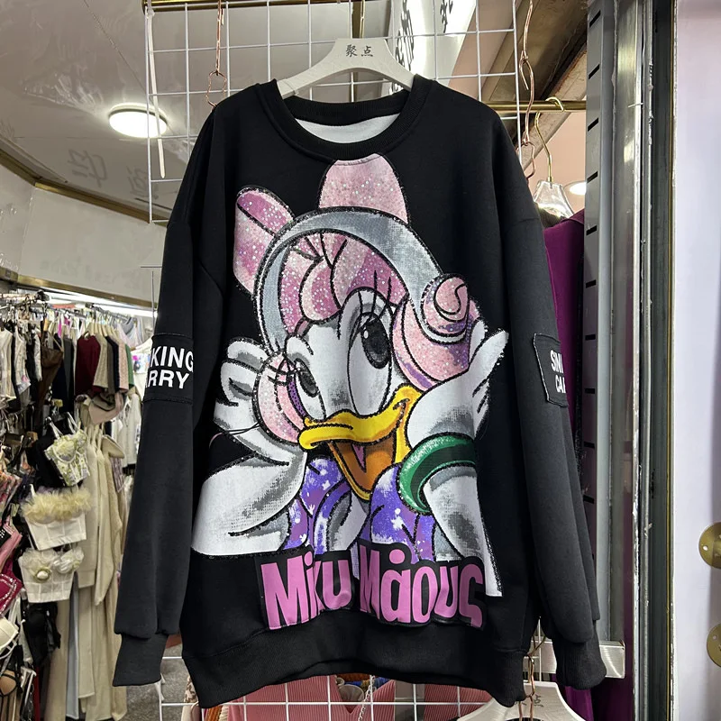 Heavy Industry Unique Design Sequin Print Cartoon Loose Long Sleeves Sweatshirt Autumn Fashion Versatile Top O-neck Hoodies Girl