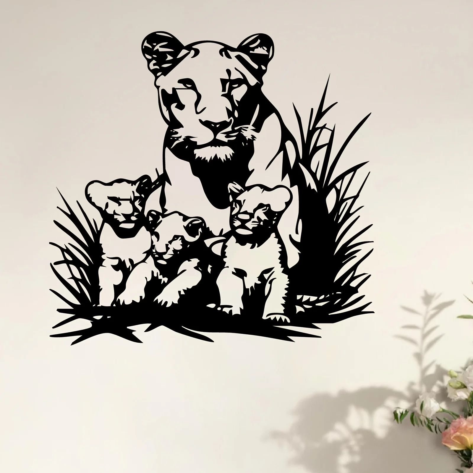 Lion Family Metal Wall Art Iron Parents Cub Sculpture Garden Fence Hanging Mural Outdoor Mother Father Day Wildlife Gift