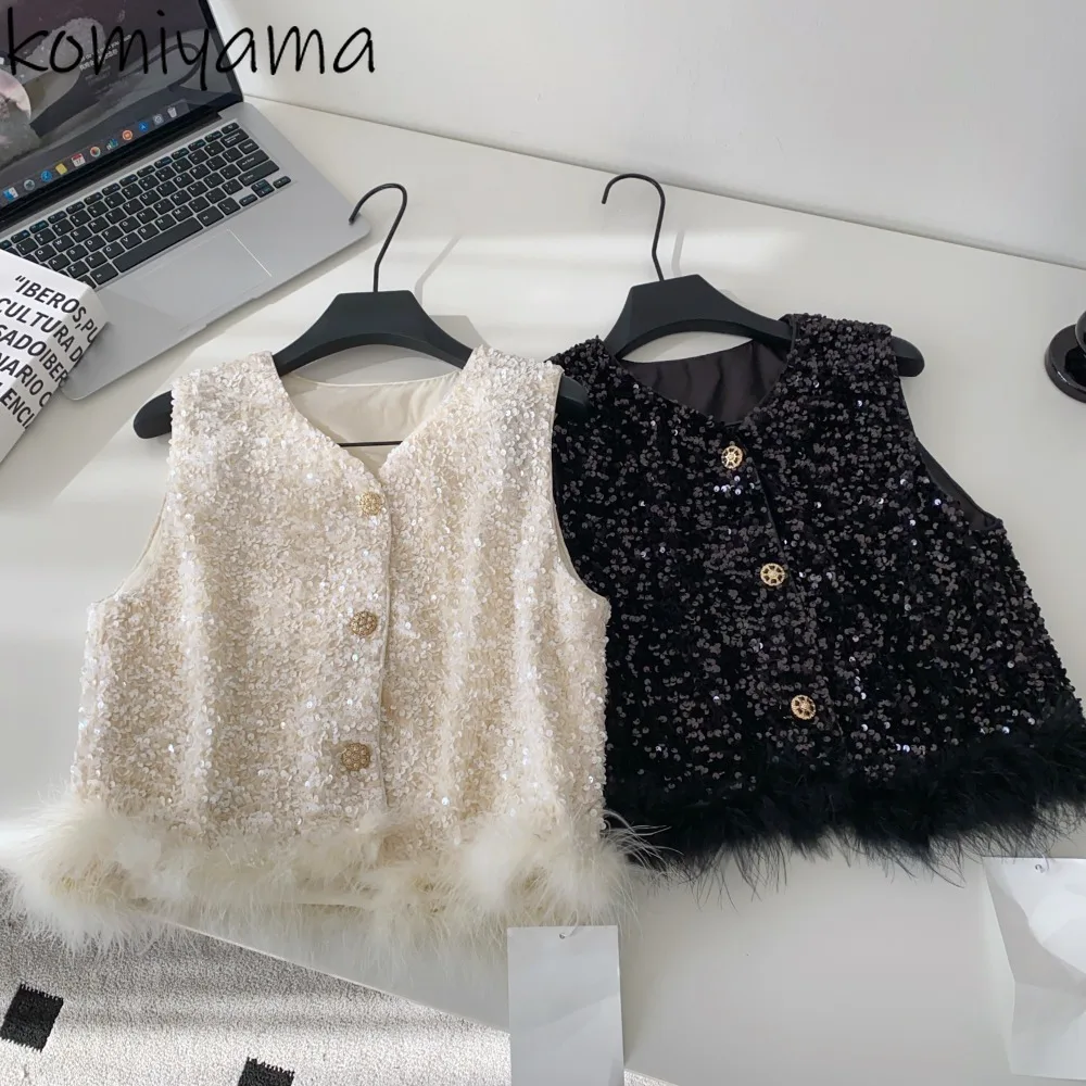 

Блестки Chaquetas Mujer Перья сращивания Chalecos с v-образным вырезом без рукавов 2025 Женская верхняя одежда Осенние куртки Маленькая ароматная куртка