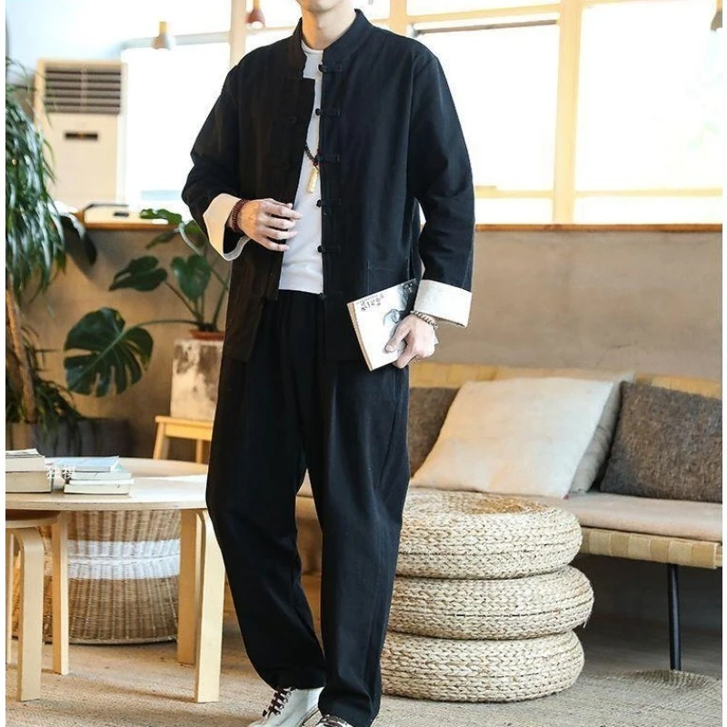 3 قطعة بدلة تانغ الصينية التقليدية الذكور الكونغ فو موحدة الرجعية عادية القطن الكتان حجم كبير مجموعة ملابس تاي تشي للرجل