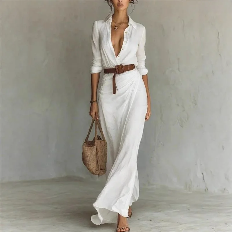 Elegant Pure Color Asymmetrical Pleated Dress with Belt Autumn Collection LinJ Women's Fashion High Waist European Style