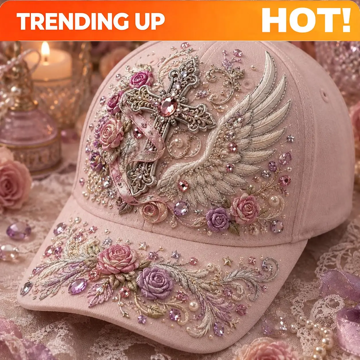 Customization Jeweled Cross Angel Wings And Roses Unisex Baseball Cap For Women And Men, Dusty Pink Romantic Faith Style, Versat