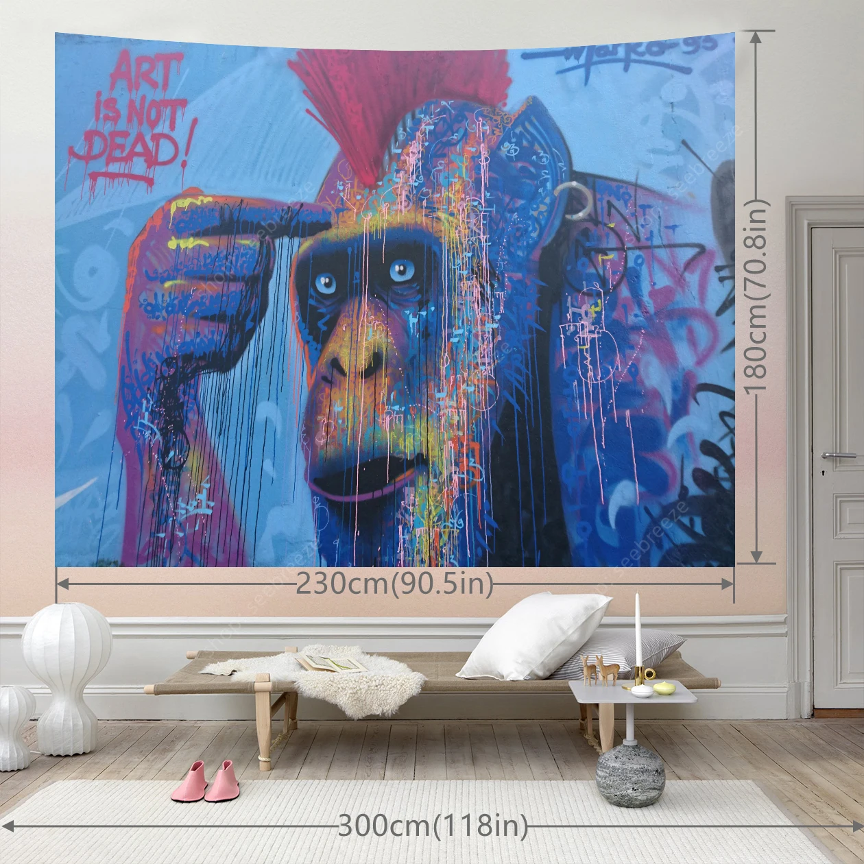 ​Graffiti Thinker Ape Tapestry Art Is Not Dead Red Mohawk Vibrant Street Art Blue Wall Hanging Home Bedroom Decor Bold Colors​