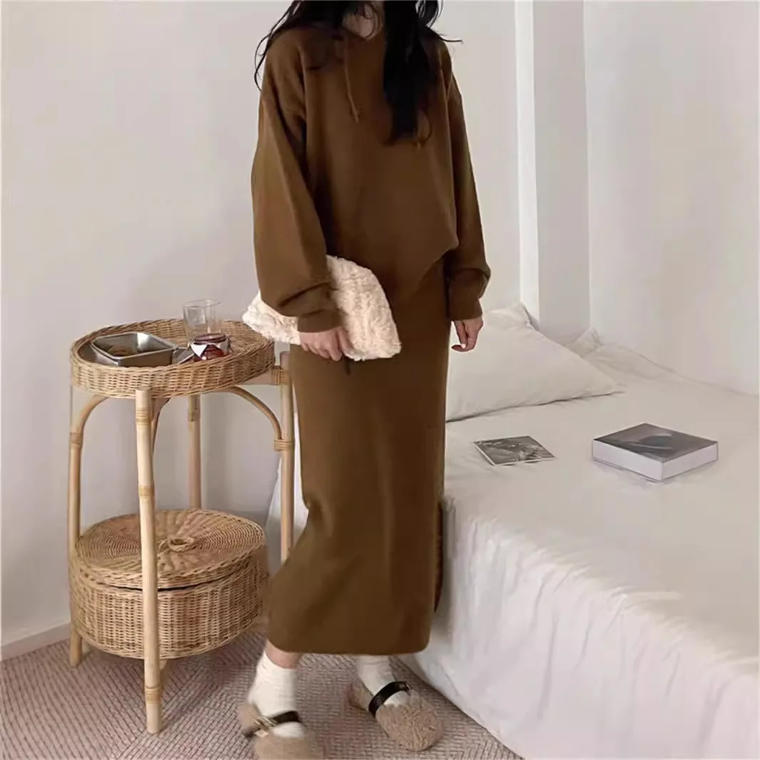 Korean Version Of The Solid Color Hooded Knit Skirt Two-Piece Set 2024 Autumn Winter New Loose Slouchy Style Sweater Set