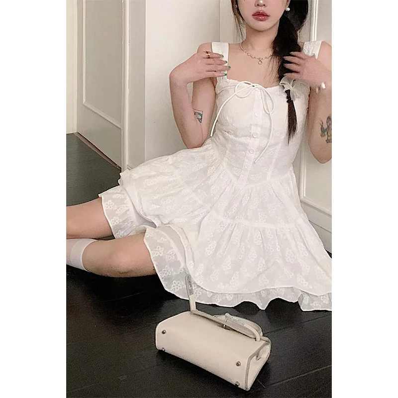 MEXZT Sweet White Mini Dress Women Fairy Party Prom Strap Ruffles One Pieces Dresses Korean Vacation Bodycon Ball Gown Vestidos