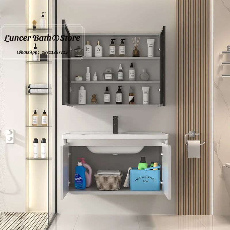 Thick-walled honeycomb aluminum bathroom cabinet set with small-sized ceramic integrated washbasin for small apartments