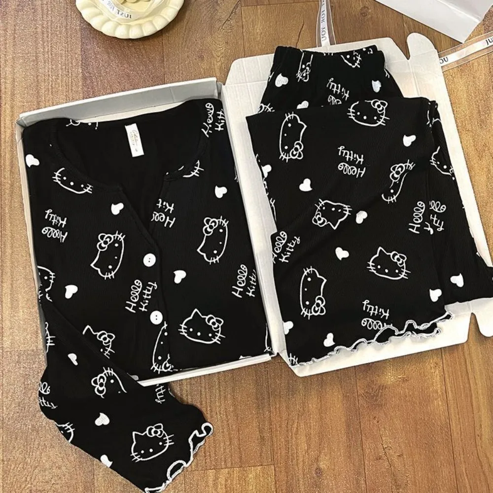 سانريو مرحبا كيتي بيجامة مجموعة أنيمي امرأة جديدة محبوك ملابس خاصة لينة ومريحة Homewear لطيف KT الطباعة بدلة على الموضة