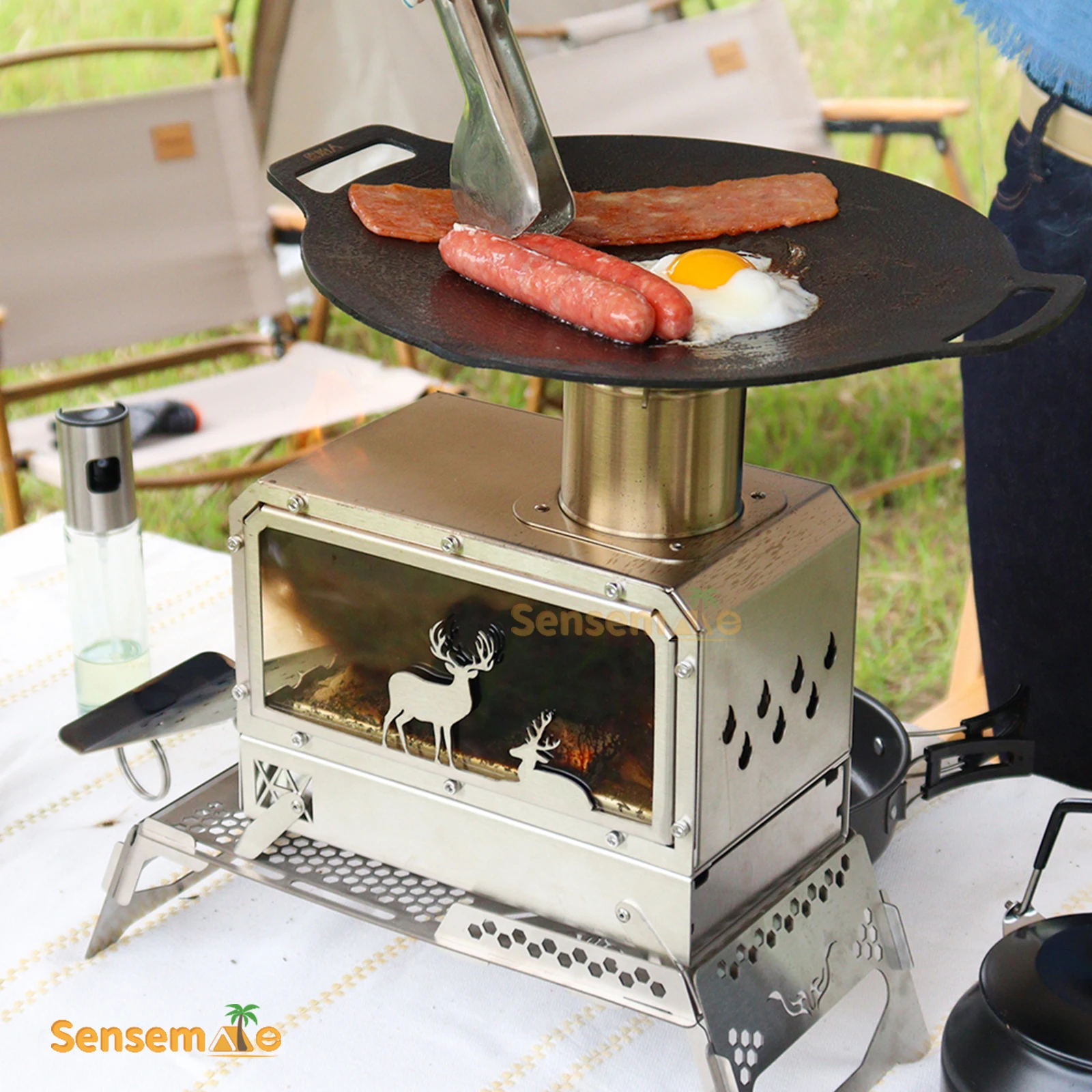 Portable Camping Wood Stove BBQ Grill Outdoor Double Combustion with Mini Oven for Meat Cooking