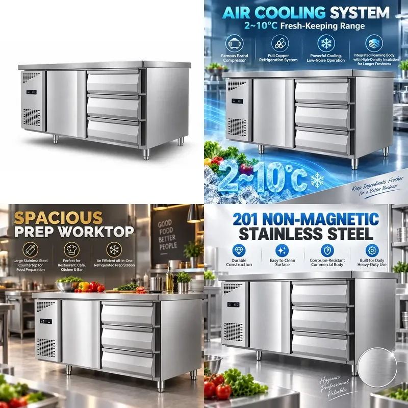 Best Selling Stainless Steel Type 201 4 Door Frost Free Dual Temperature Air Cooler for Restaurant Kitchens Horizontal Design